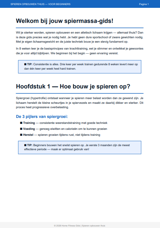 Spieren opbouwen thuis: 8-weken programma voor beginners. Directe download (PDF).