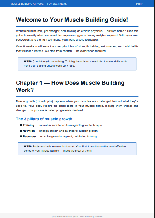 Muscle building at home: 8 week beginner program. Direct download (PDF) ENG.