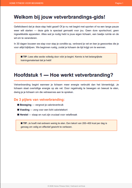Home fitness voor beginners: 30-dagen vetverbrandingsprogramma. Directe download (PDF).