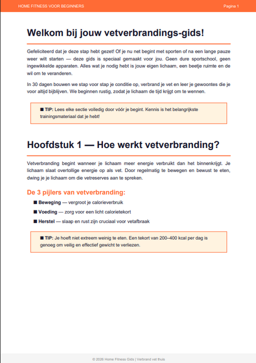 Home fitness voor beginners: 30-dagen vetverbrandingsprogramma. Directe download (PDF).