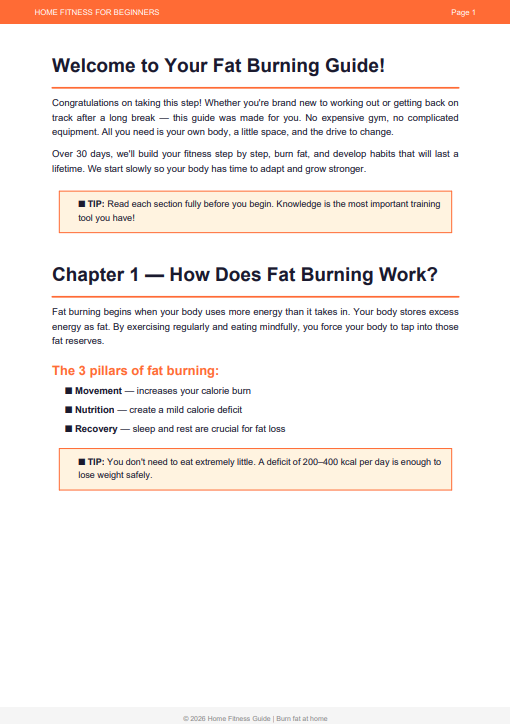 Home fitness for beginners: 30-day fat burning program. Direct download (PDF). ENG